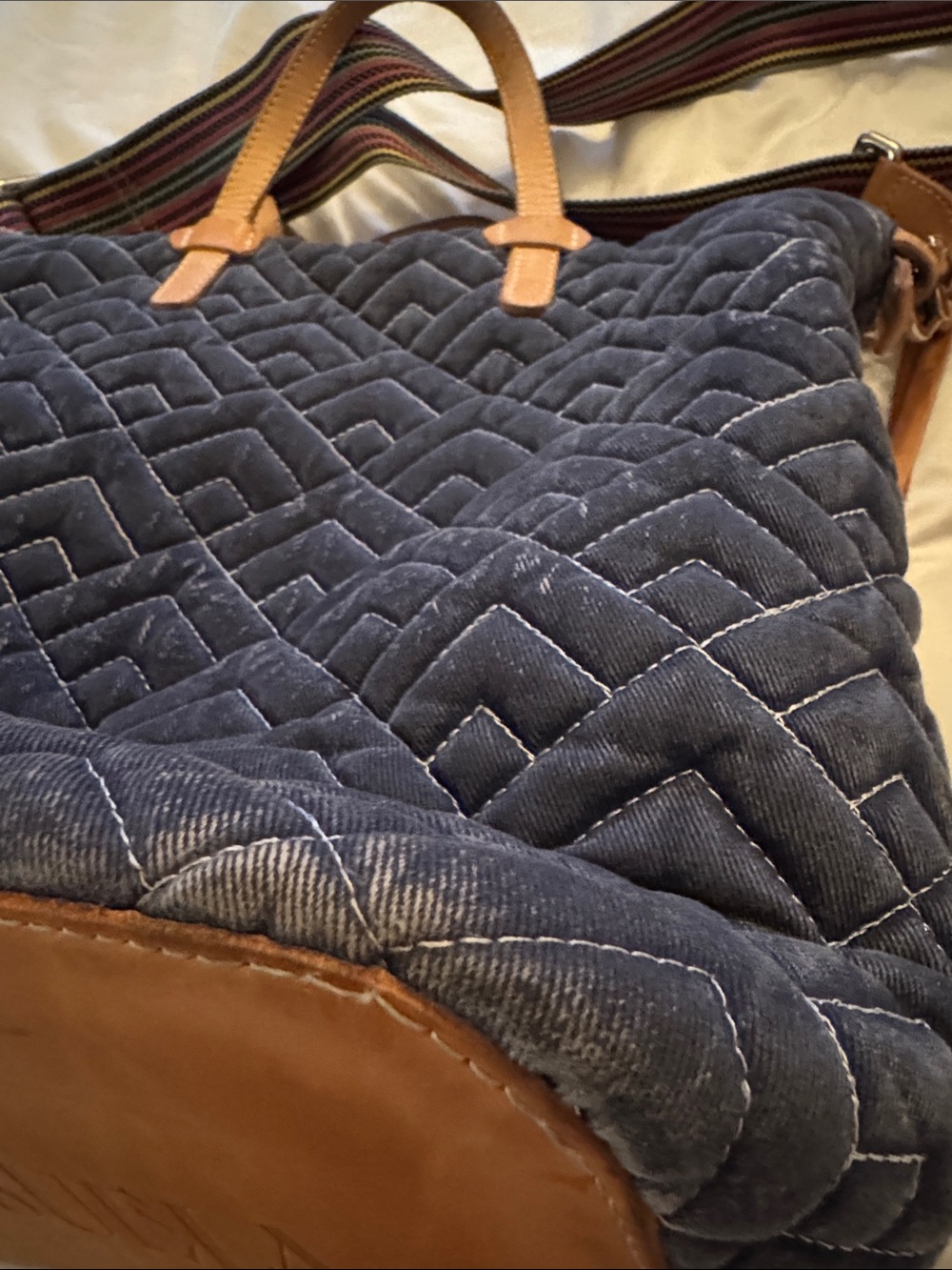 Consuela Navy Quilted bag with Tan Trim and Multicolor Strap - Picture 5 of 5